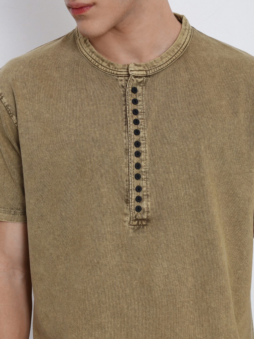 Men's Khaki Henley Collar Slim Fit T-Shirt