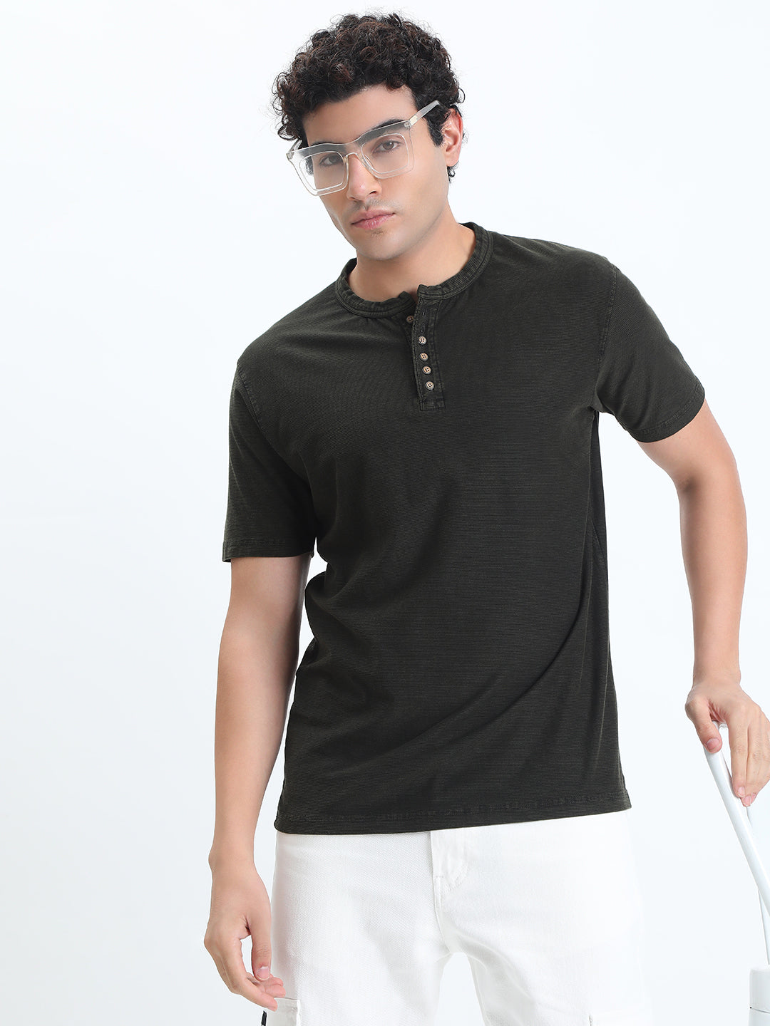 Men's Olive Henley Collar Regular Fit T-Shirt