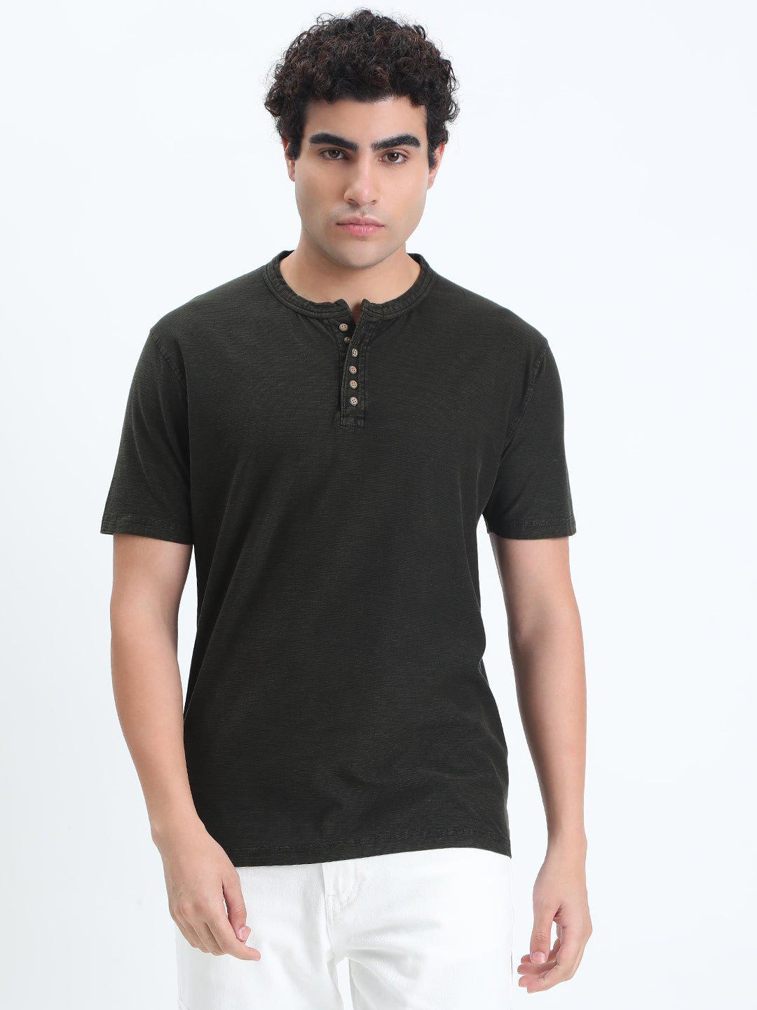 Men's Olive Henley Collar Regular Fit T-Shirt