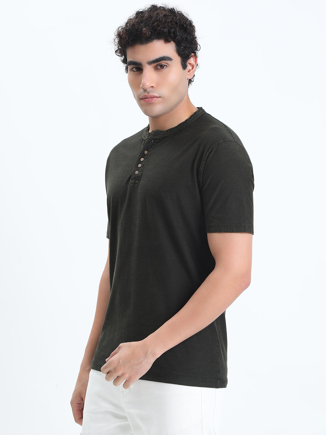 Men's Olive Henley Collar Regular Fit T-Shirt