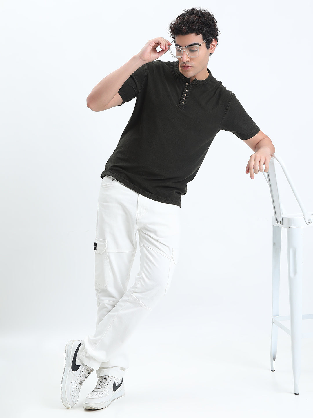 Men's Olive Henley Collar Regular Fit T-Shirt