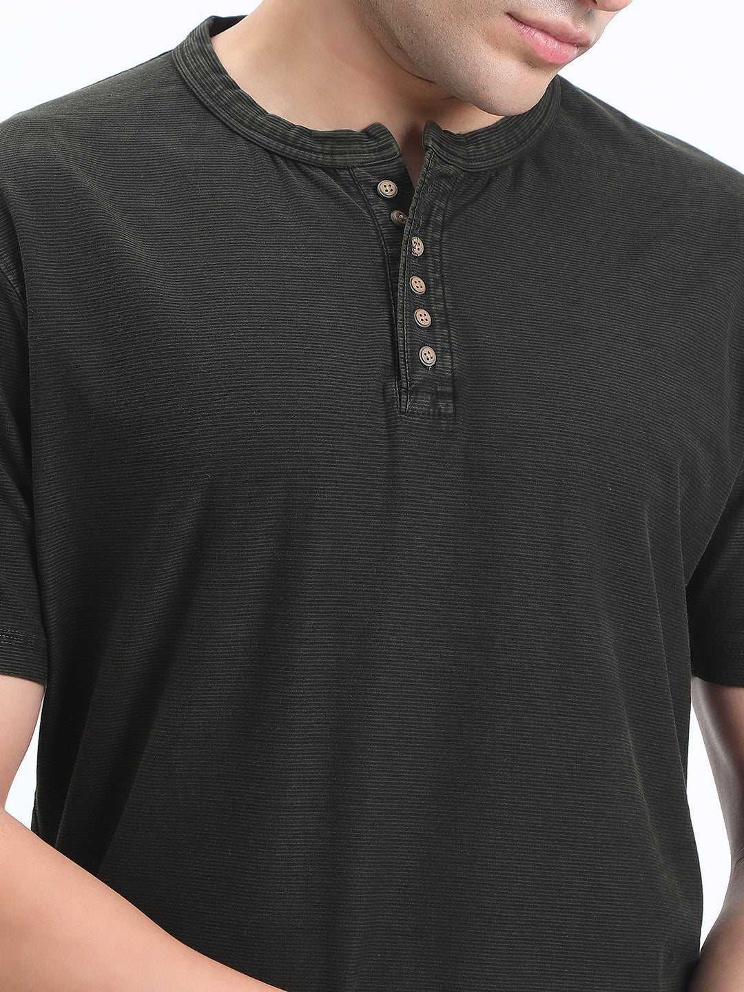 Men's Olive Henley Collar Regular Fit T-Shirt