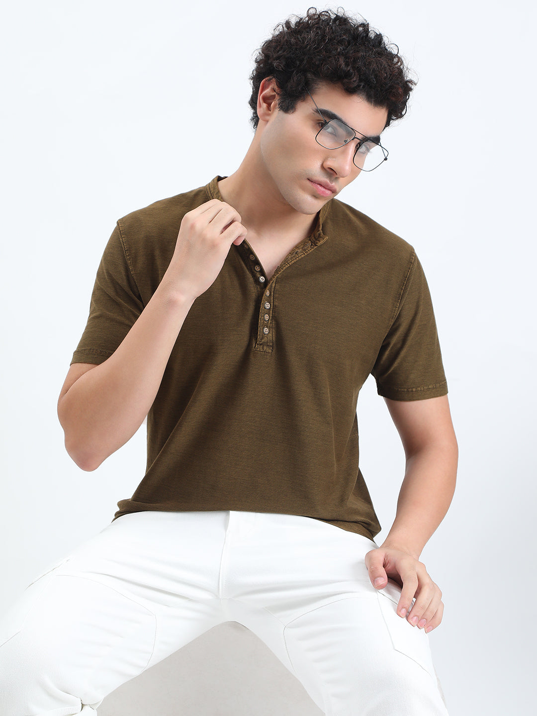 Men's Olive Henley Collar Regular Fit T-Shirt