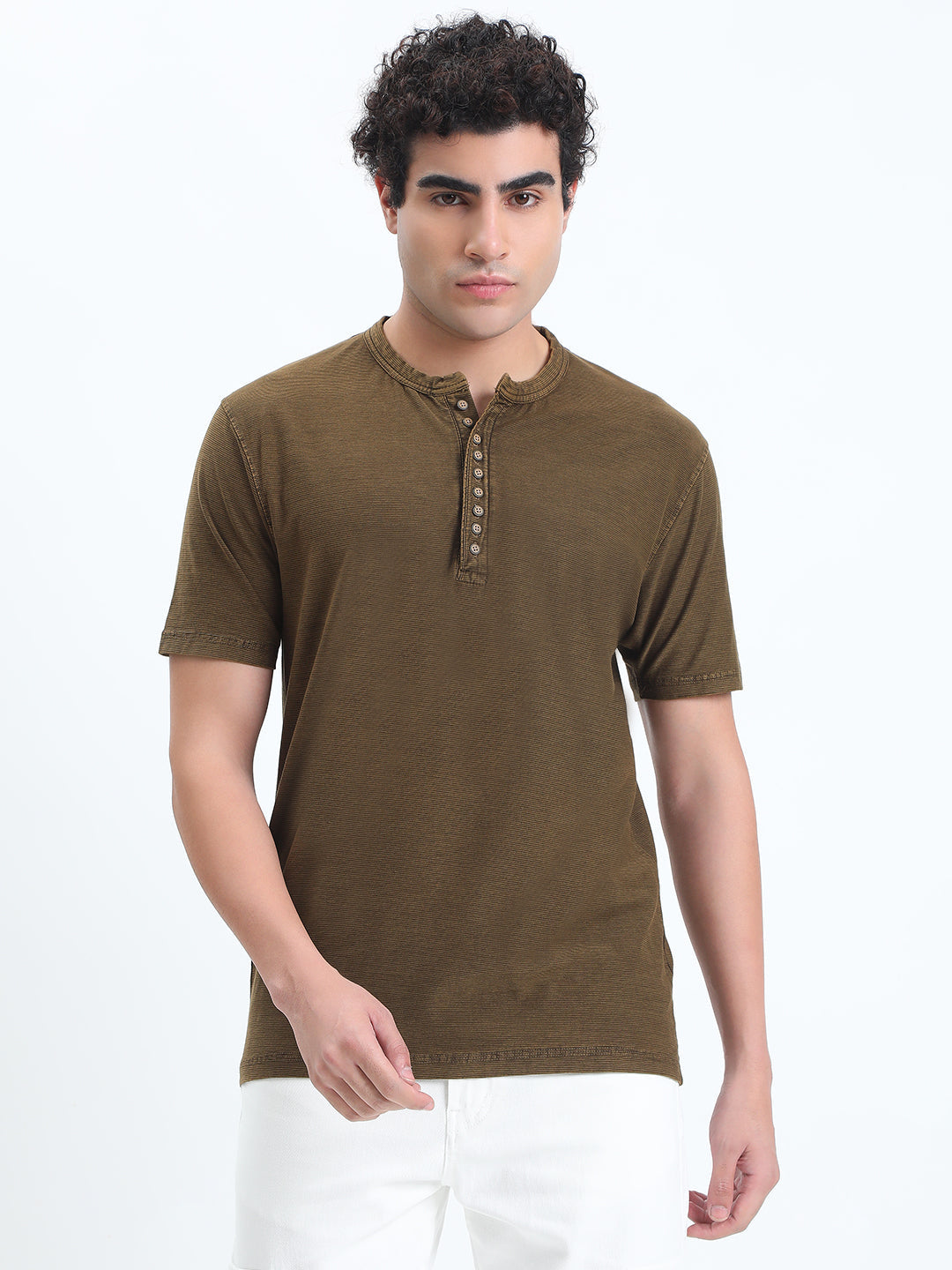 Men's Olive Henley Collar Regular Fit T-Shirt