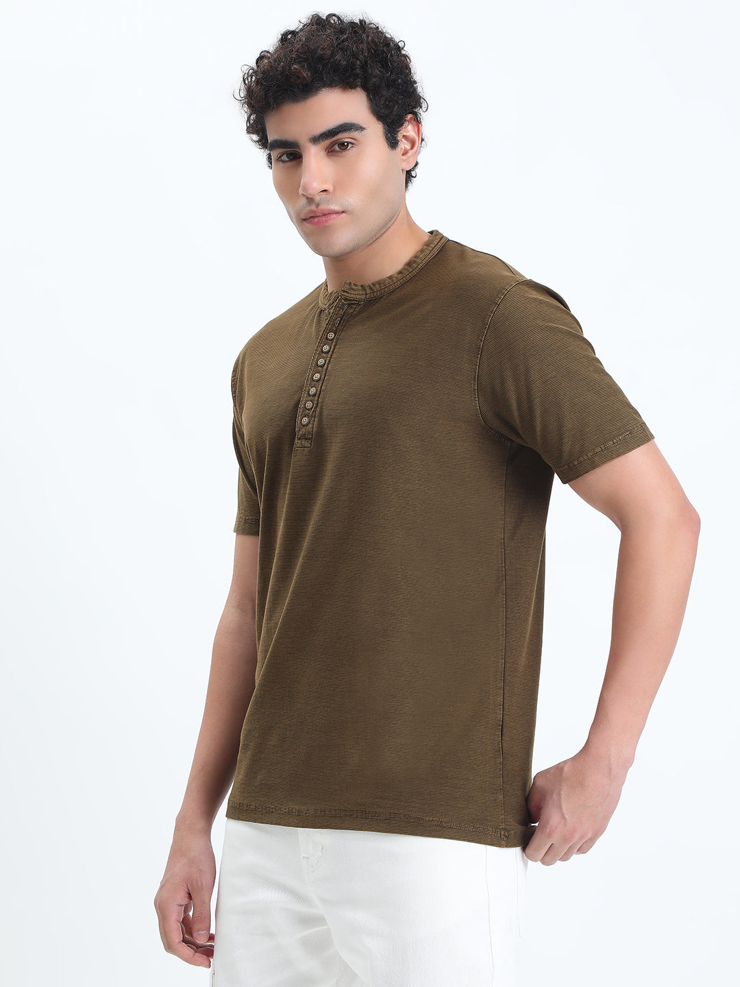 Men's Olive Henley Collar Regular Fit T-Shirt