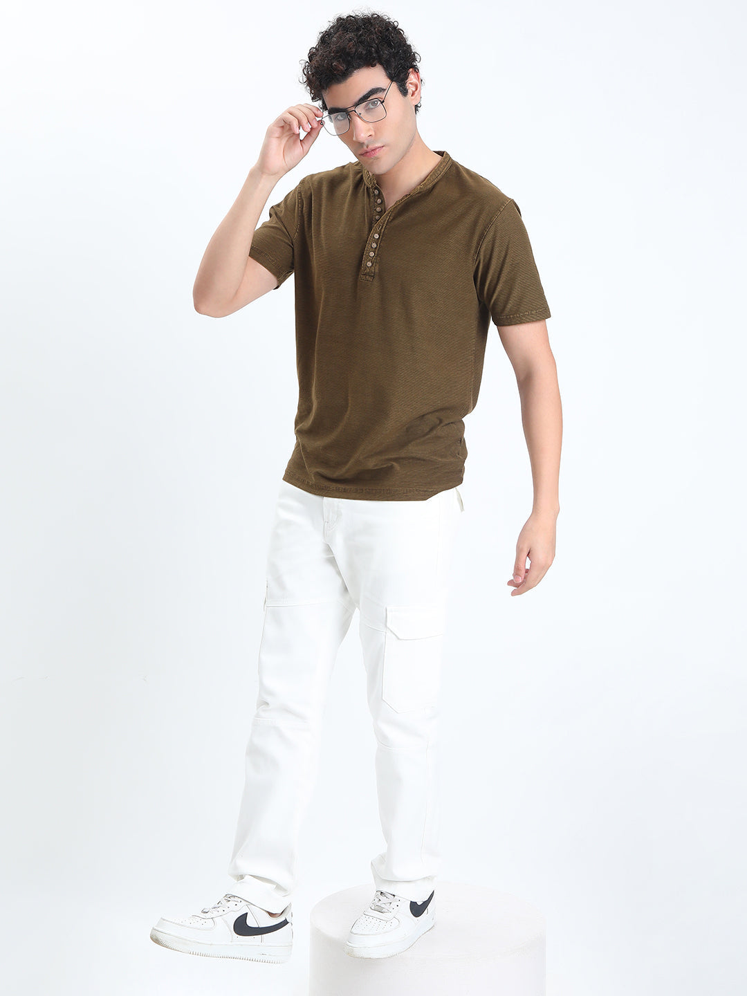 Men's Olive Henley Collar Regular Fit T-Shirt