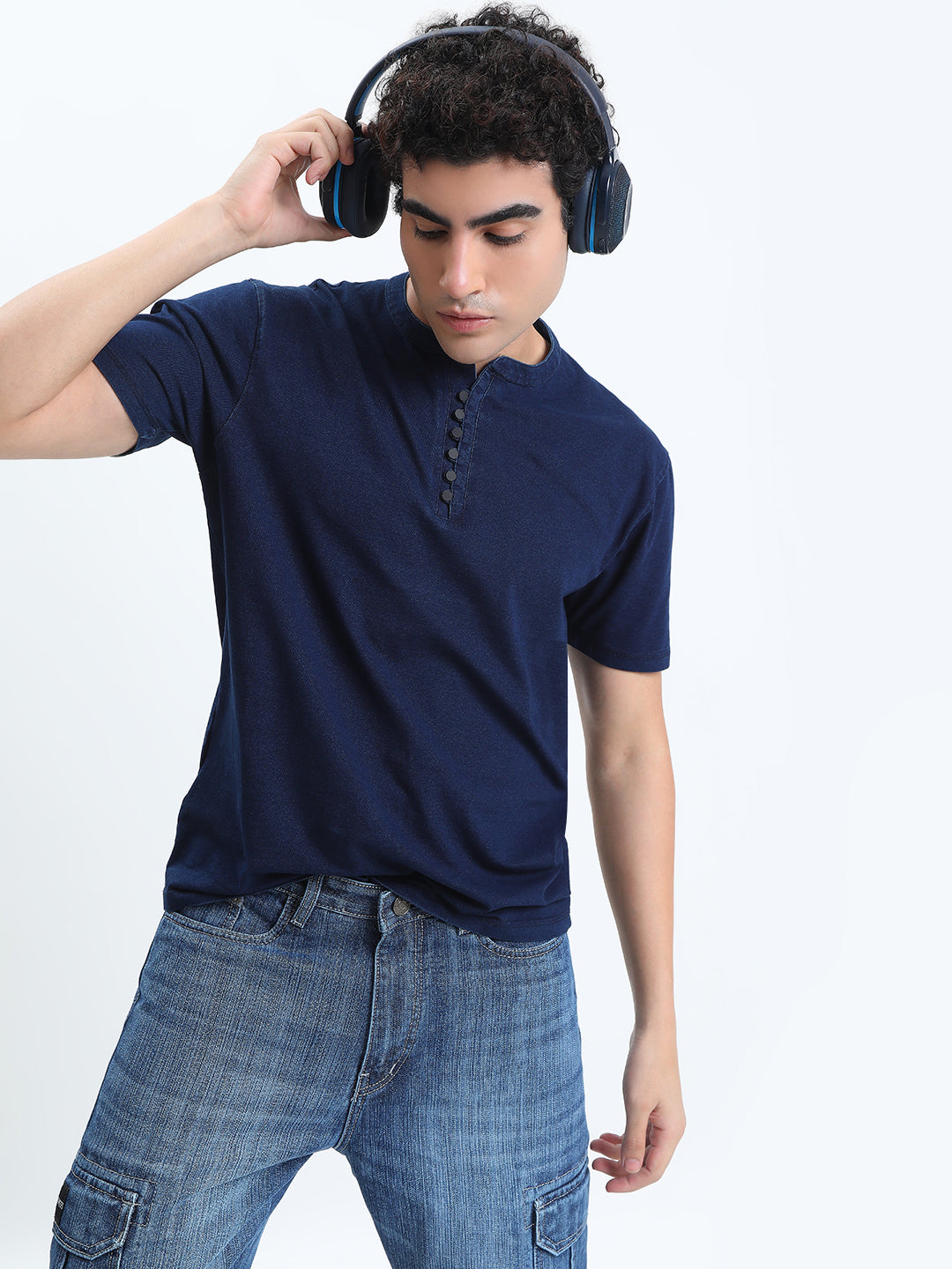 Men's Navy Blue Henley Collar Regular Fit T-Shirt