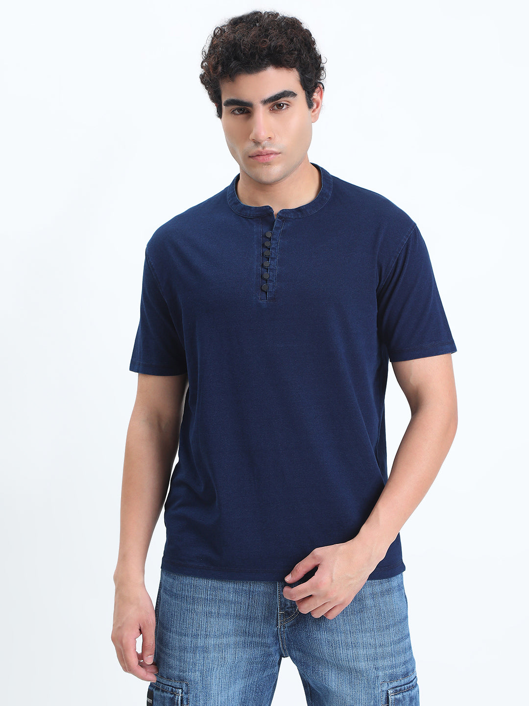 Men's Navy Blue Henley Collar Regular Fit T-Shirt