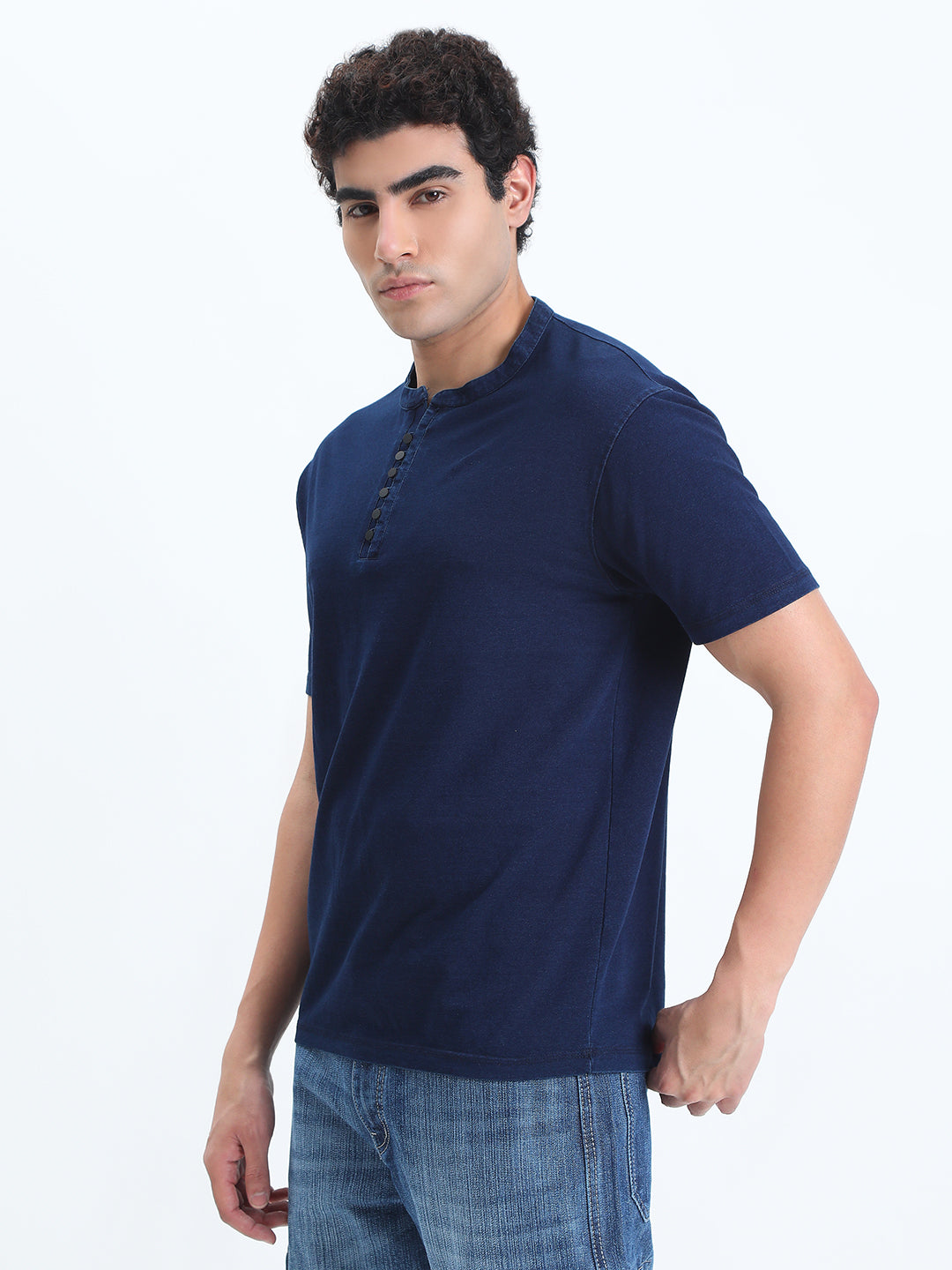 Men's Navy Blue Henley Collar Regular Fit T-Shirt
