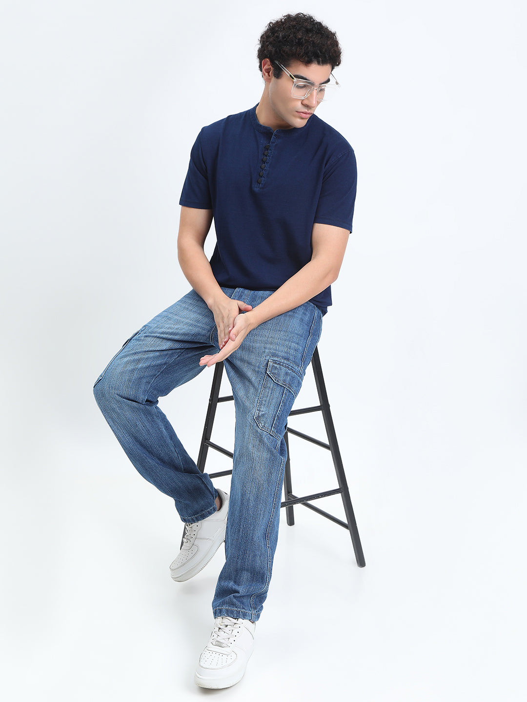 Men's Navy Blue Henley Collar Regular Fit T-Shirt