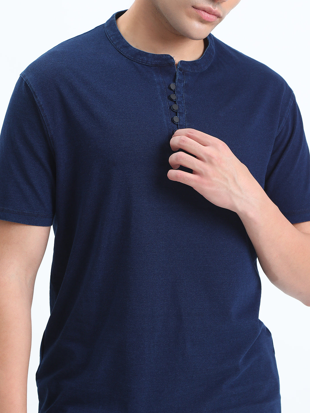 Men's Navy Blue Henley Collar Regular Fit T-Shirt