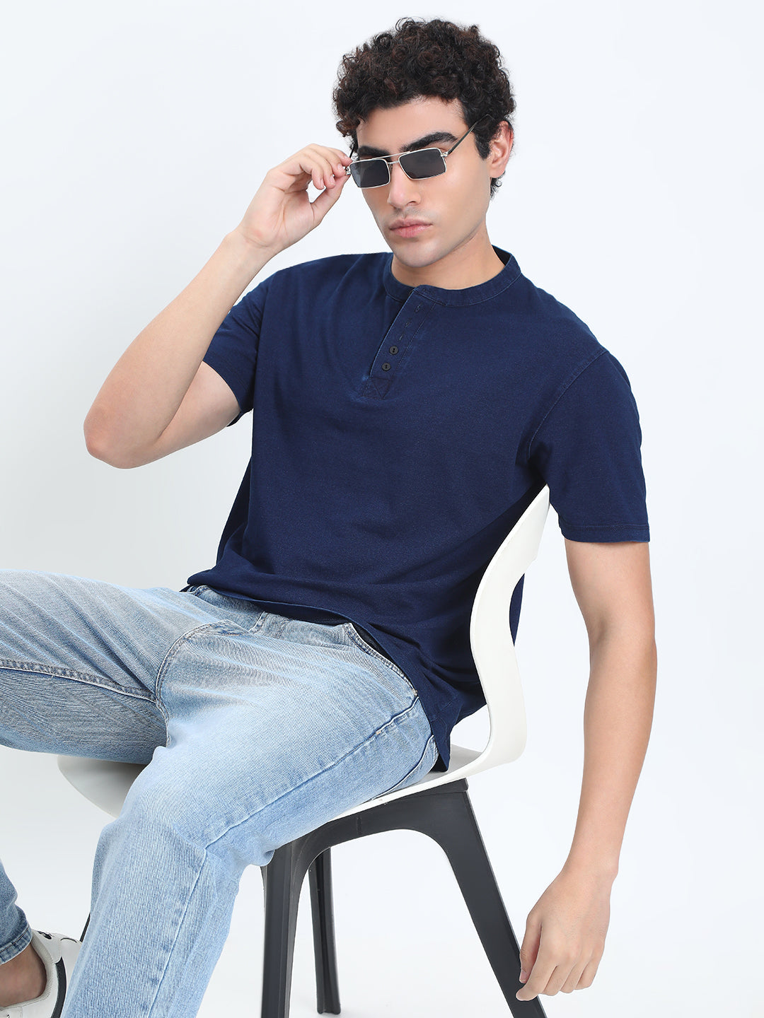 Men's Navy Blue Henley Collar Regular Fit T-Shirt