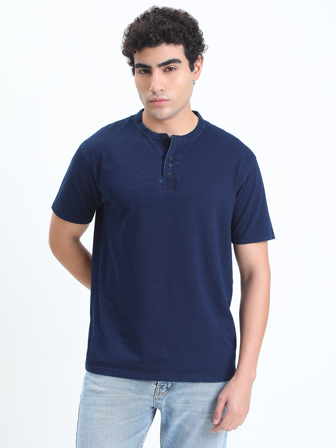 Men's Navy Blue Henley Collar Regular Fit T-Shirt