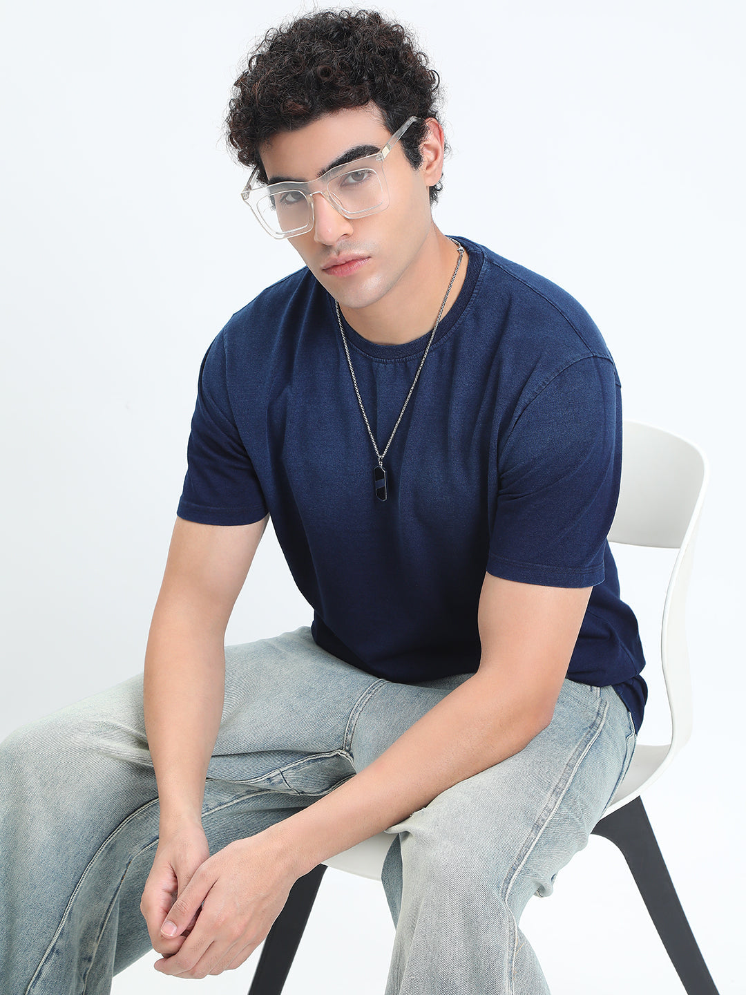 Men's Ombre Navy Blue Round Neck Regular Fit T-Shirt