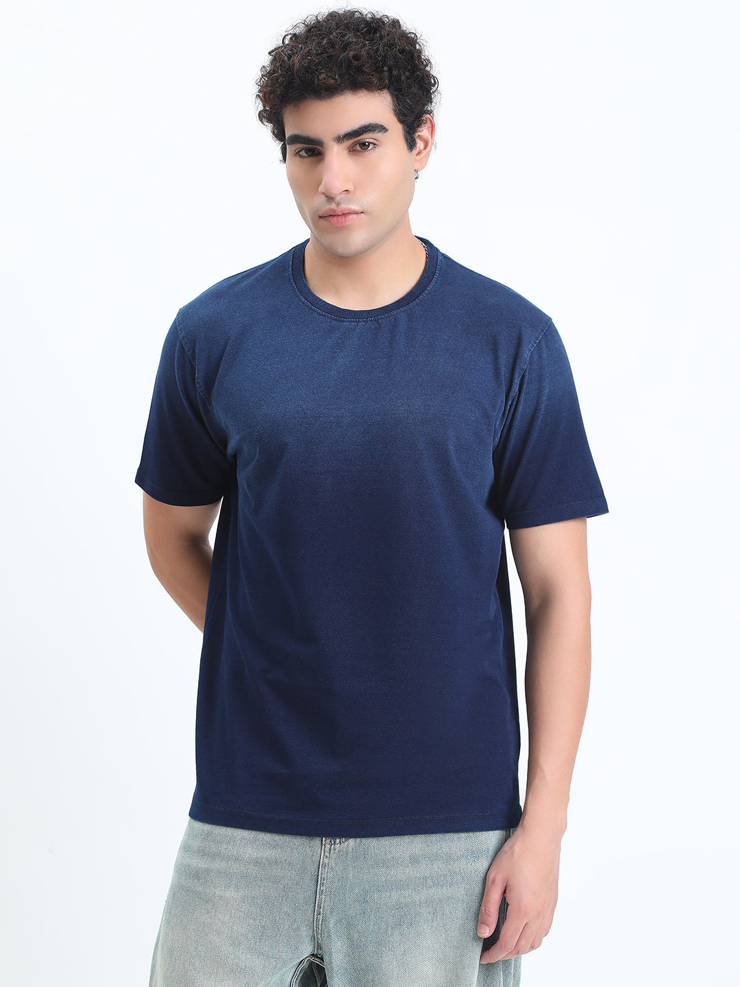 Men's Ombre Navy Blue Round Neck Regular Fit T-Shirt