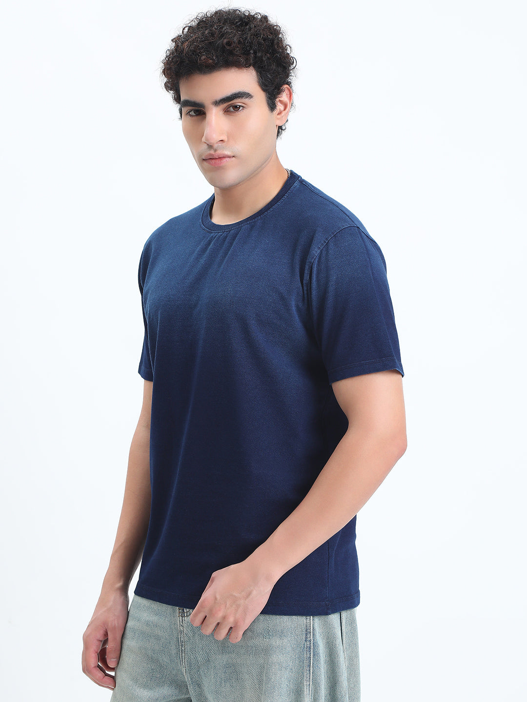 Men's Ombre Navy Blue Round Neck Regular Fit T-Shirt
