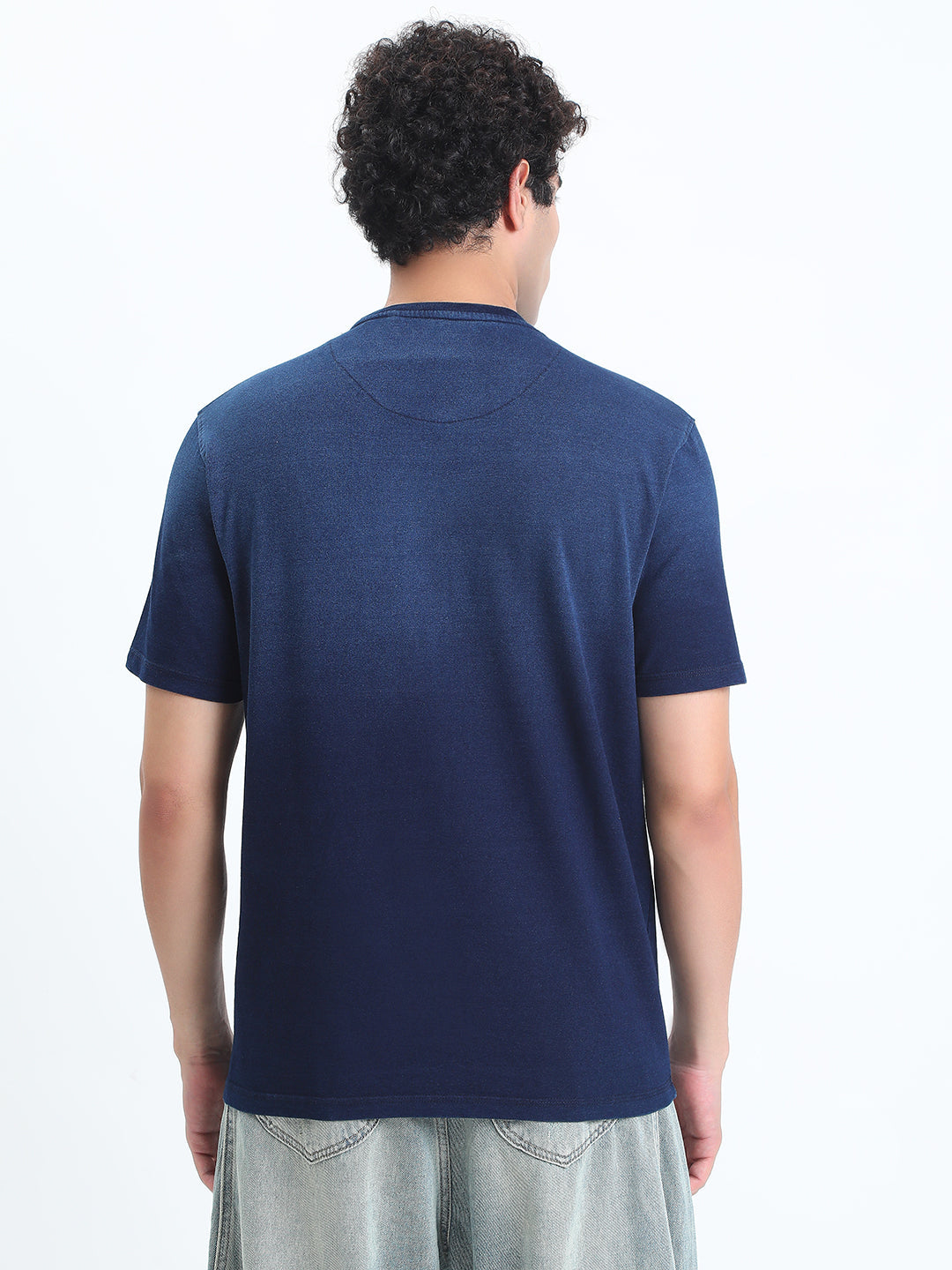 Men's Ombre Navy Blue Round Neck Regular Fit T-Shirt
