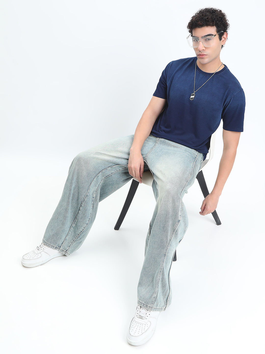 Men's Ombre Navy Blue Round Neck Regular Fit T-Shirt