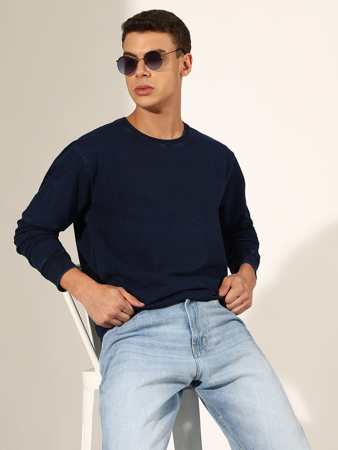 Men's Navy Blue Sweatshirt with Ribbed Cuffs