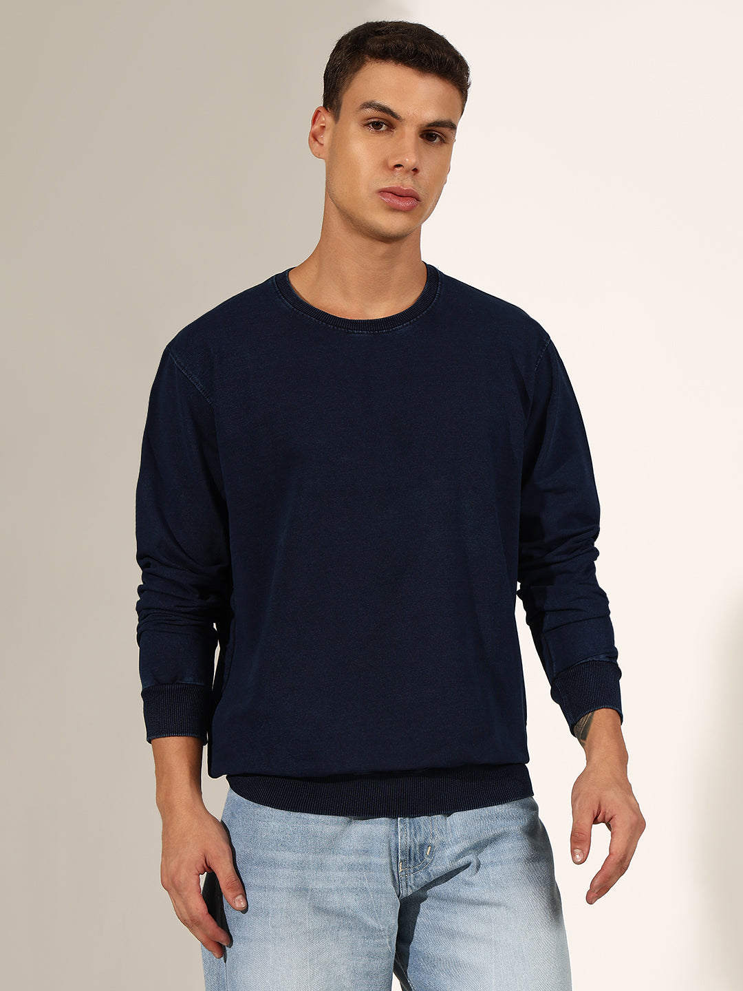 Men's Navy Blue Sweatshirt with Ribbed Cuffs