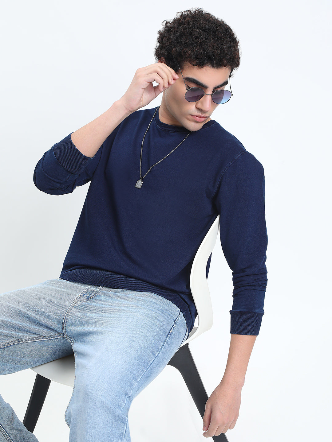 Men's Navy Blue Round Neck Ribbed Sweatshirt