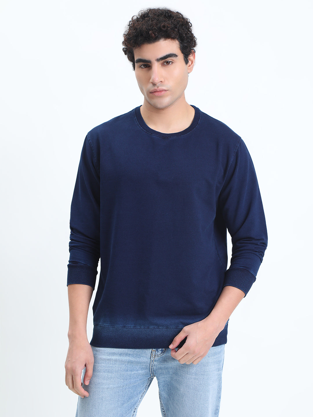 Men's Navy Blue Round Neck Ribbed Sweatshirt