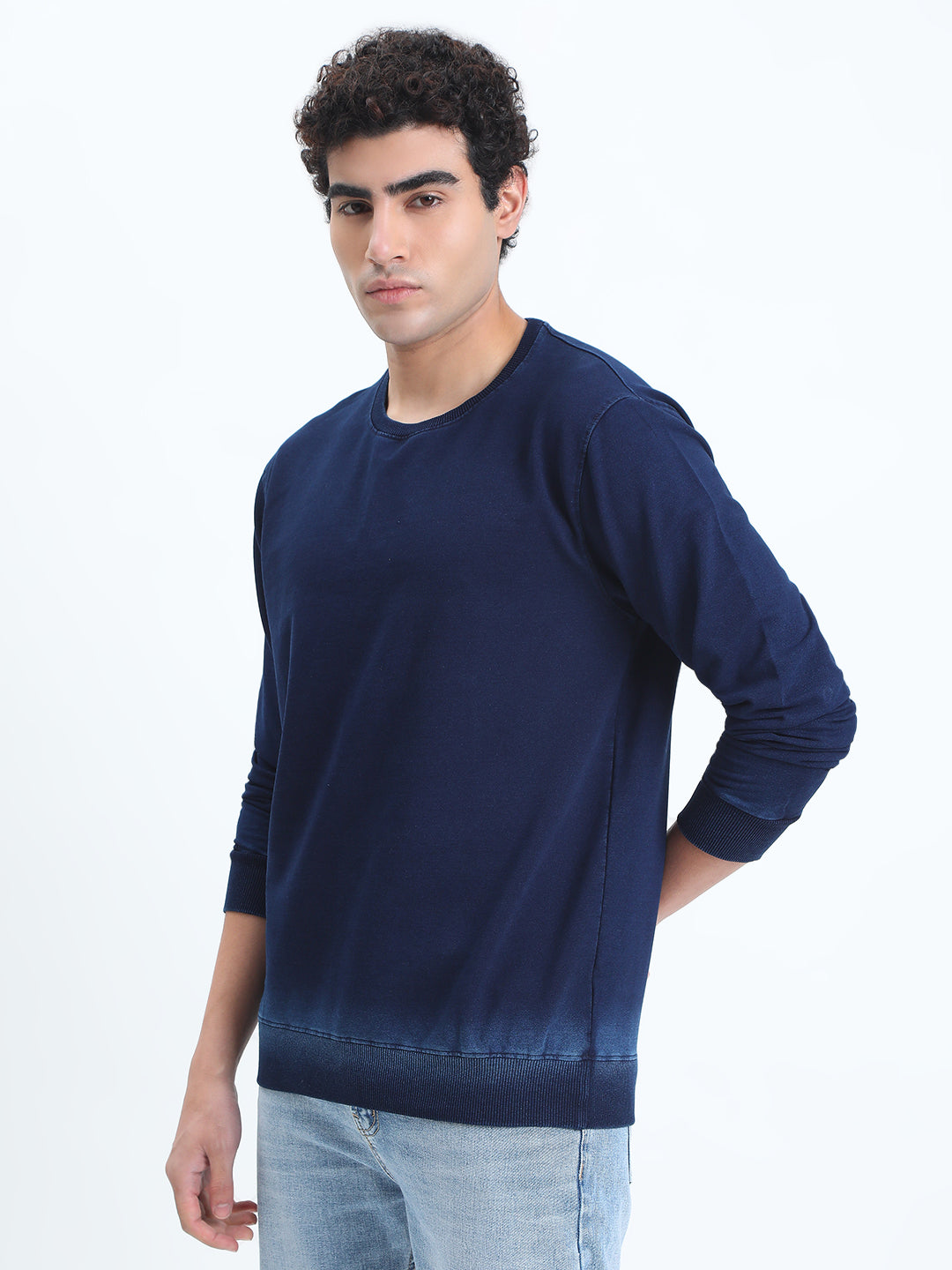 Men's Navy Blue Round Neck Ribbed Sweatshirt