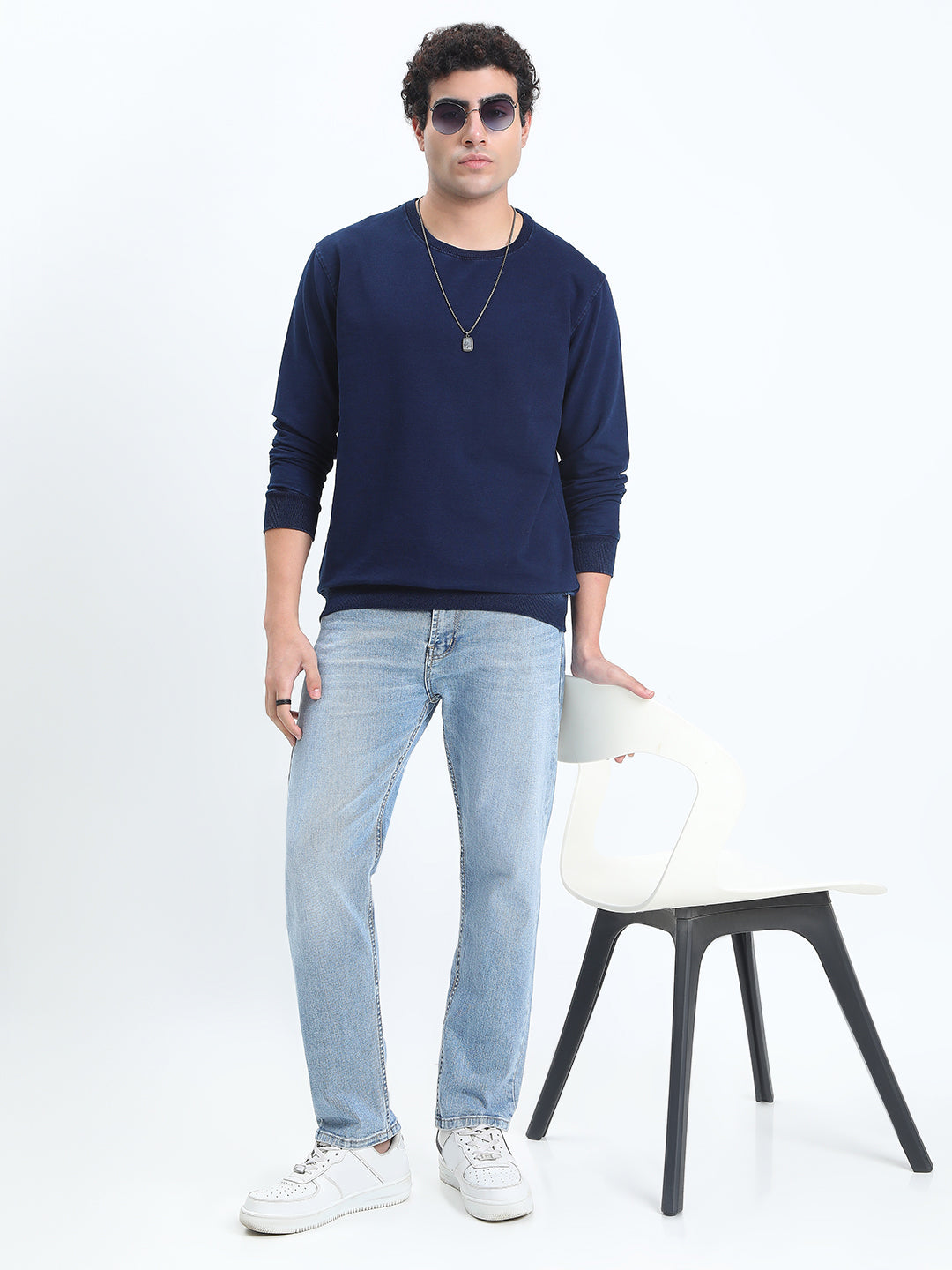 Men's Navy Blue Round Neck Ribbed Sweatshirt