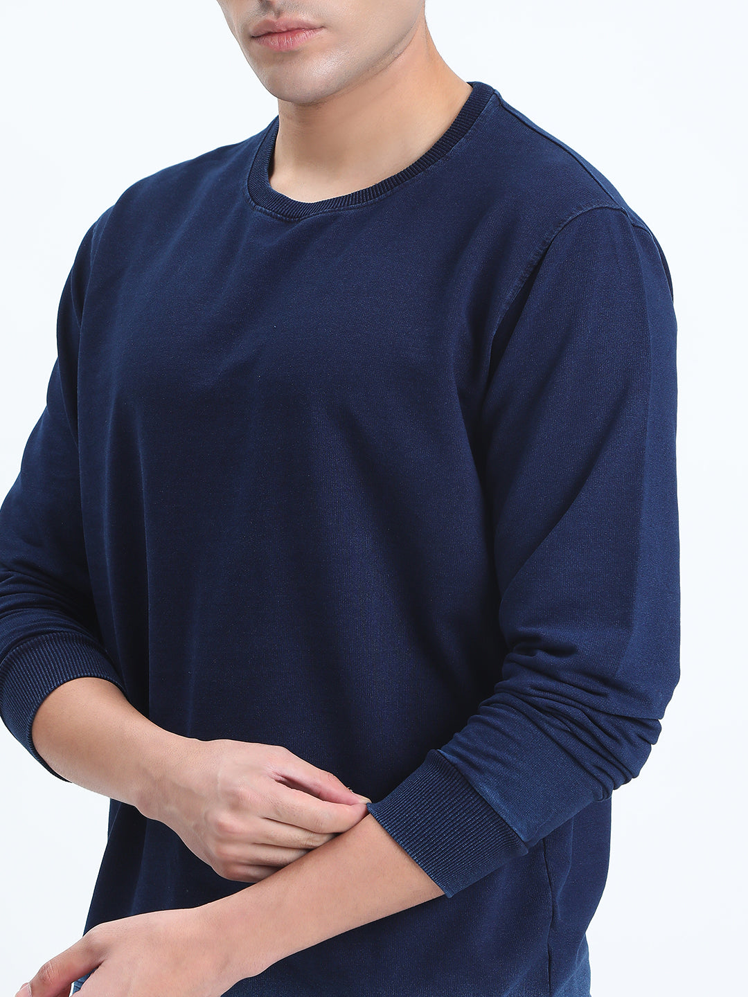 Men's Navy Blue Round Neck Ribbed Sweatshirt