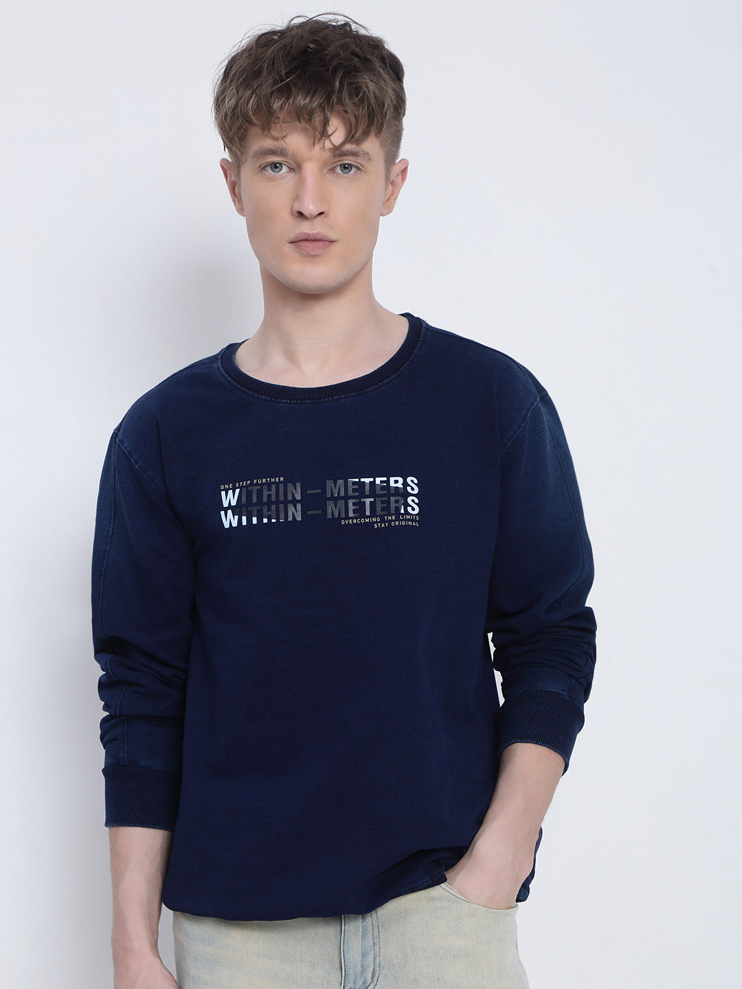 Men's Typography Printed Navy Blue Round Neck Sweatshirt