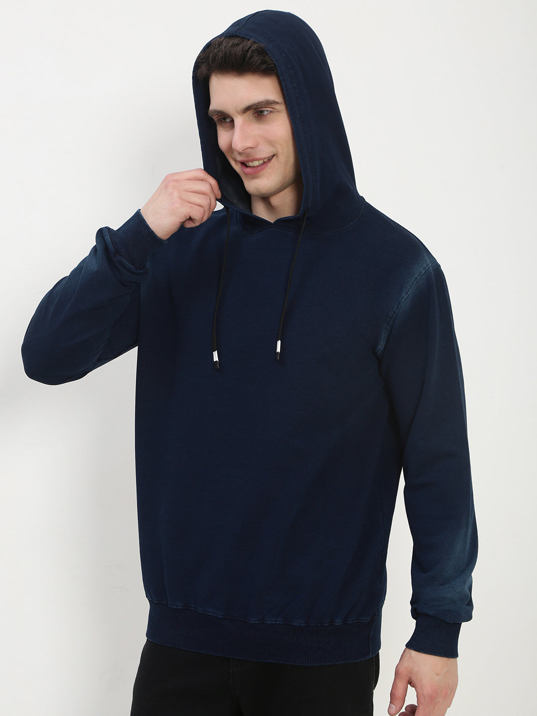 Men's Navy Blue Solid Hooded Sweatshirt