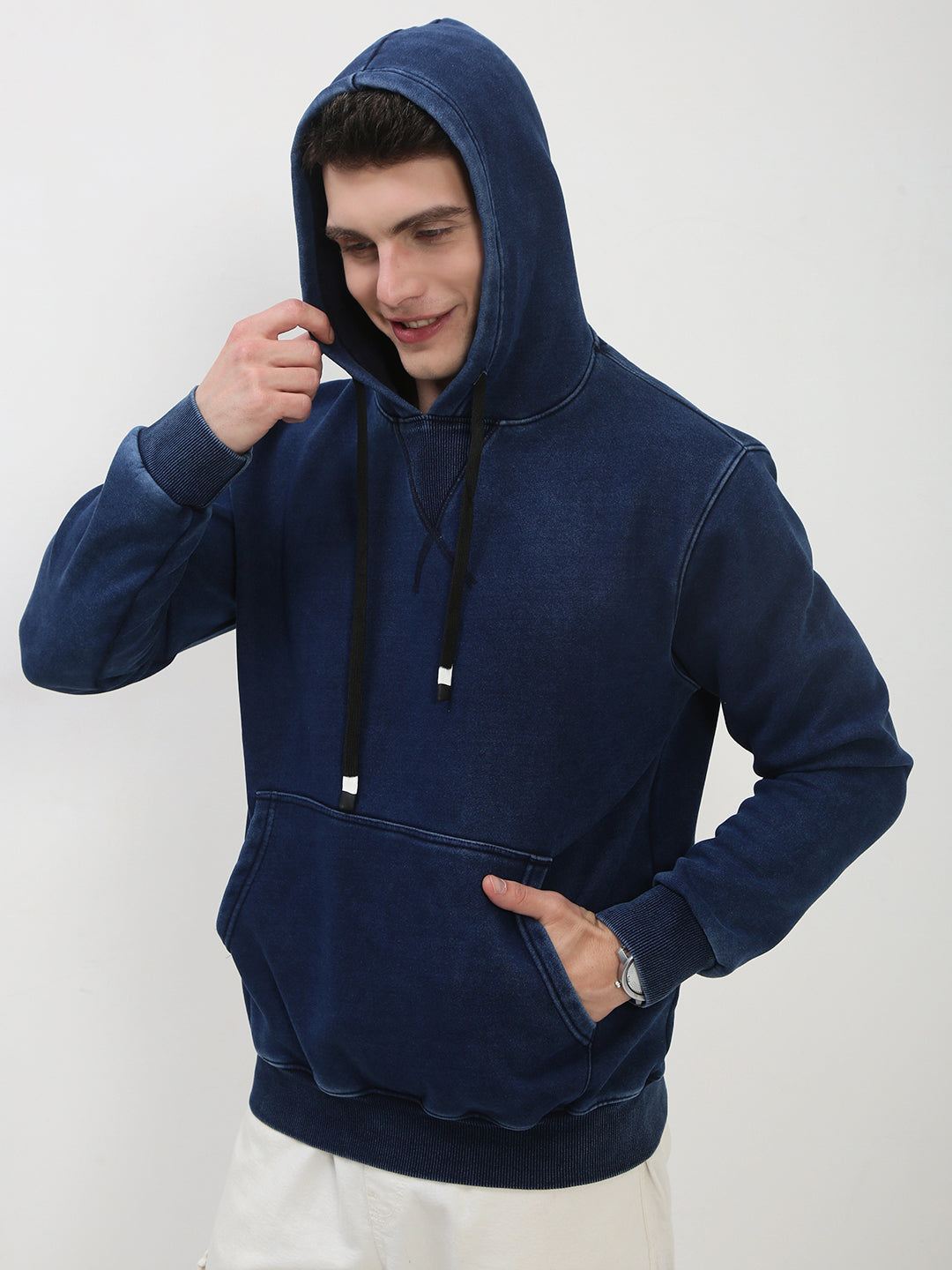 Men's Navy Blue Solid Hooded Sweatshirt