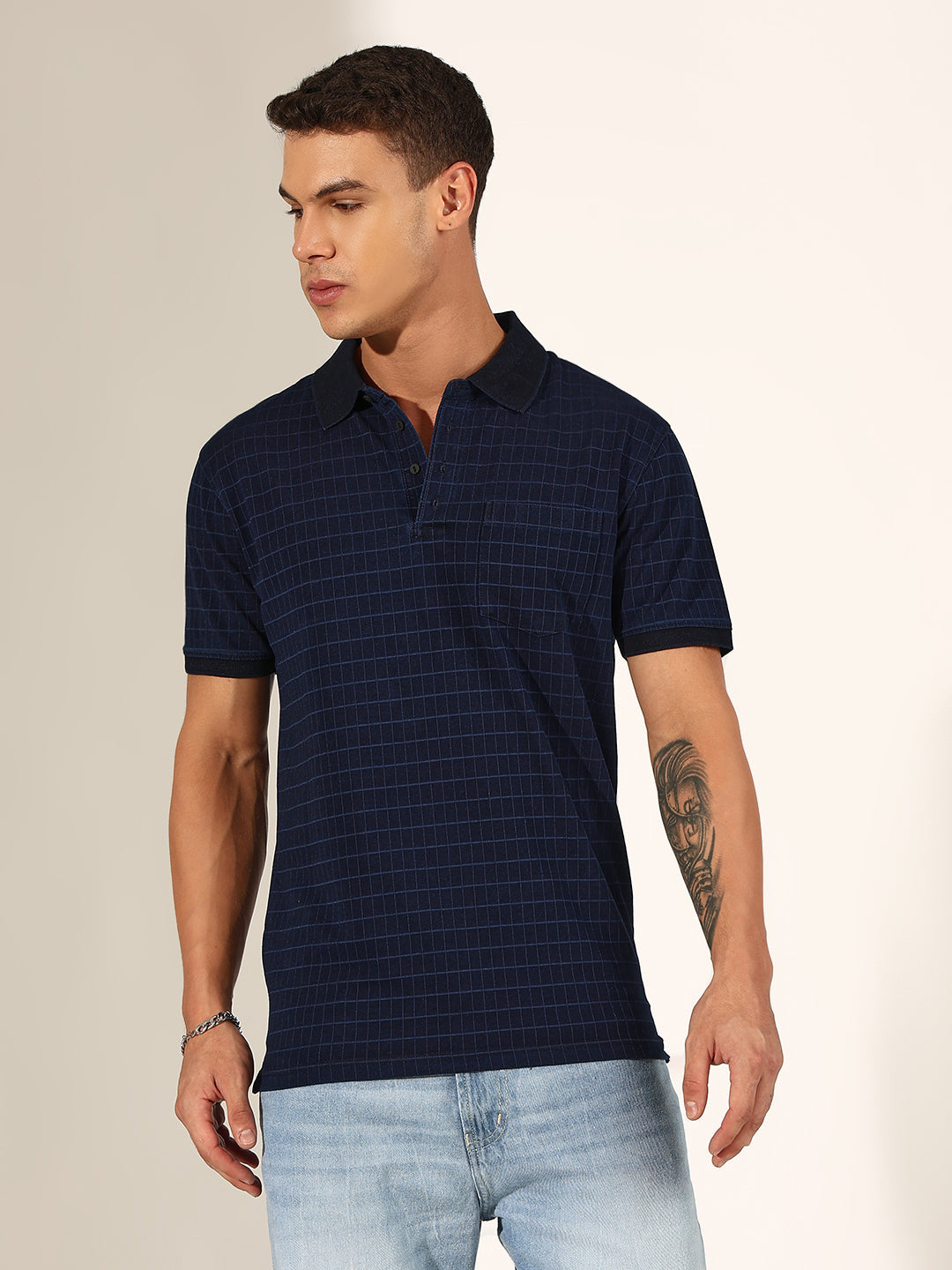 Men's Checked Navy Blue Polo T-Shirt