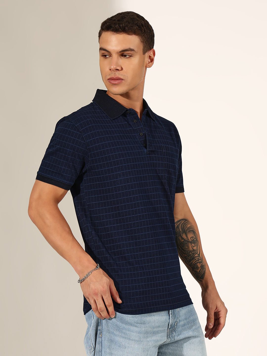 Men's Checked Navy Blue Polo T-Shirt