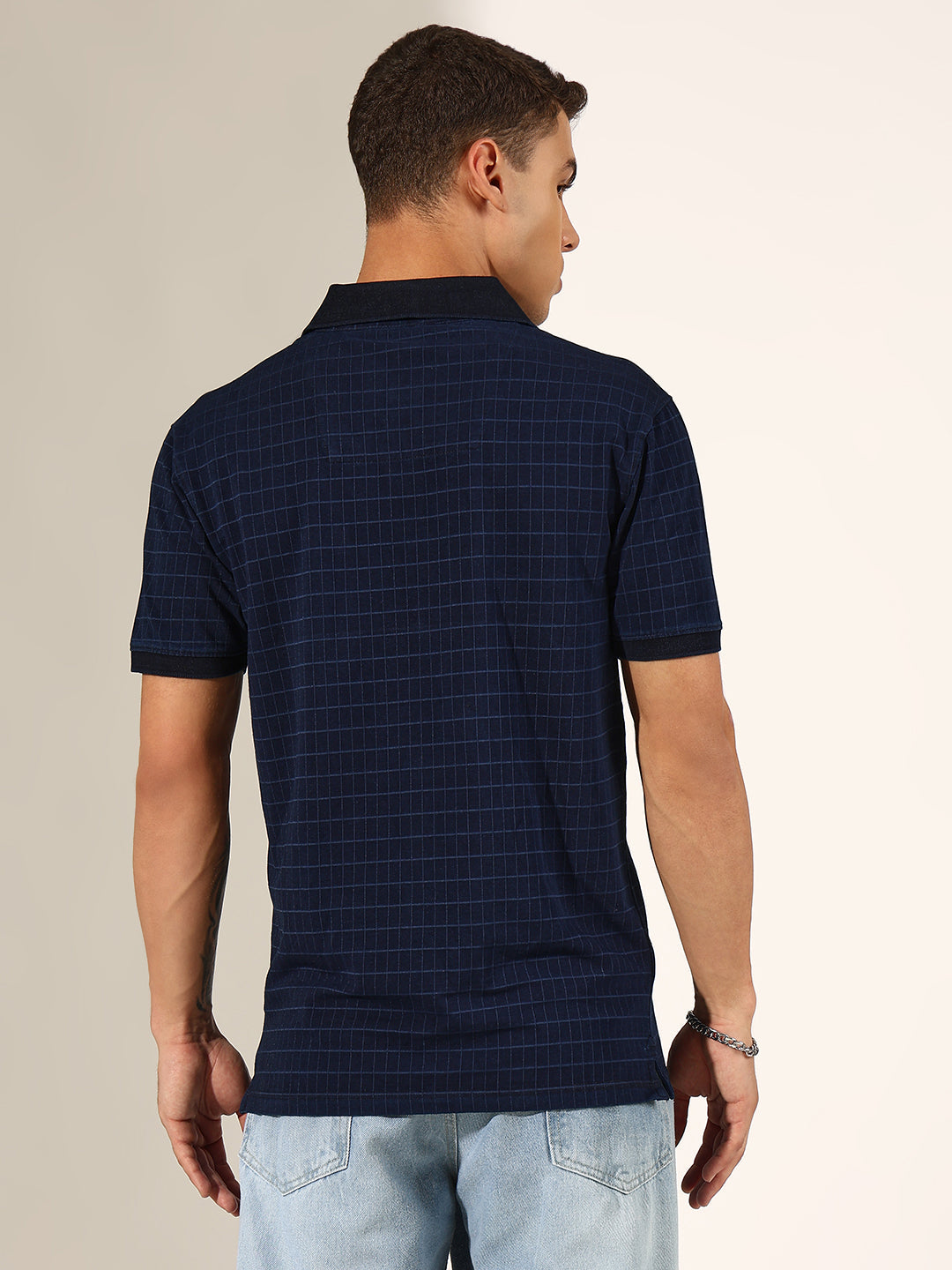Men's Checked Navy Blue Polo T-Shirt