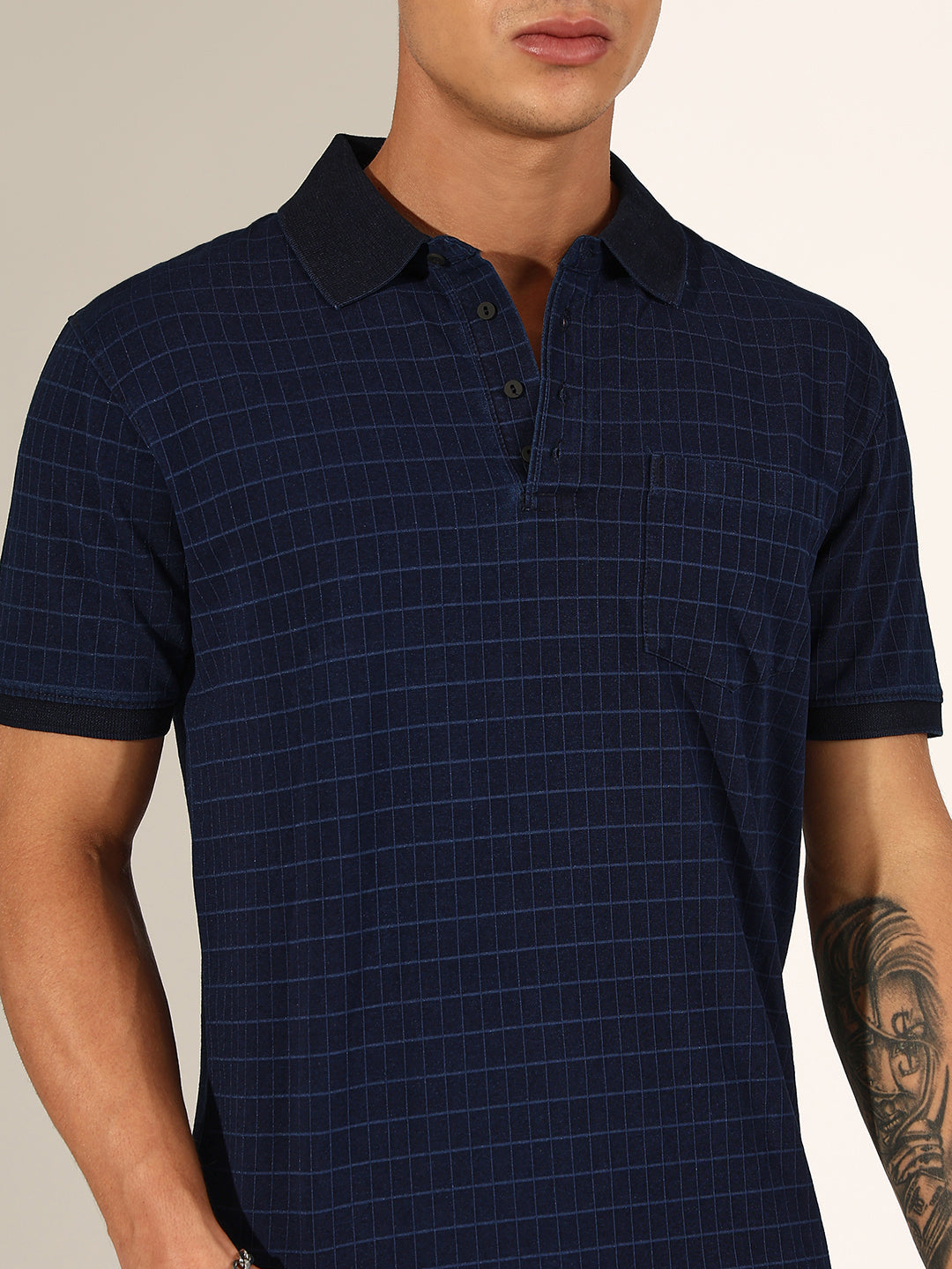 Men's Checked Navy Blue Polo T-Shirt