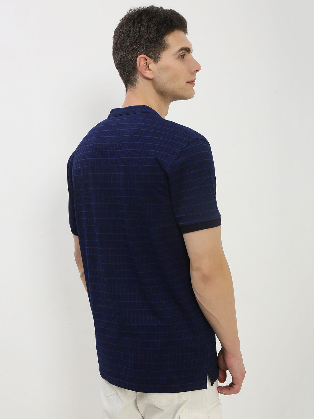 Men's Navy Blue Checked Henley Collar T-Shirt
