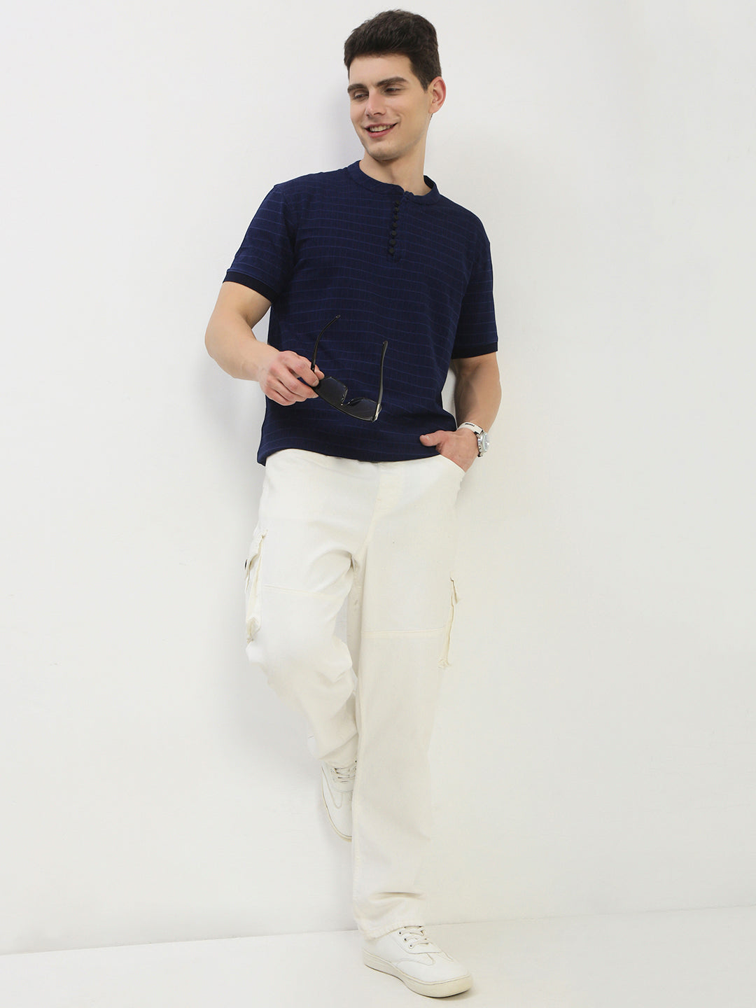 Men's Navy Blue Checked Henley Collar T-Shirt