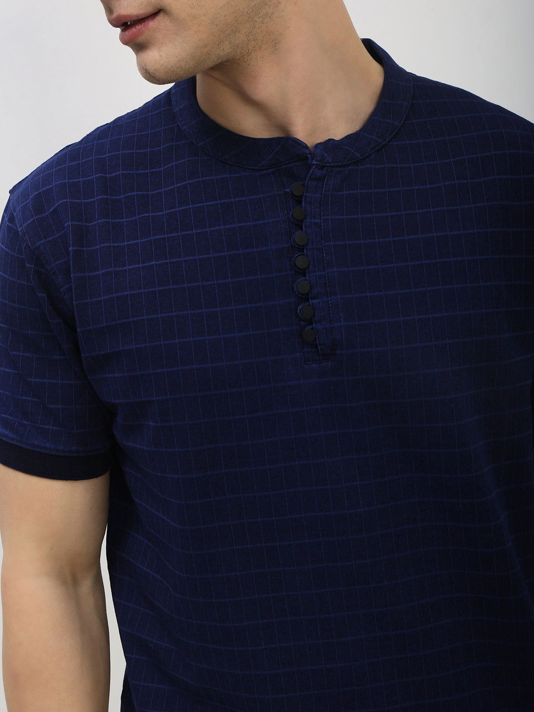 Men's Navy Blue Checked Henley Collar T-Shirt