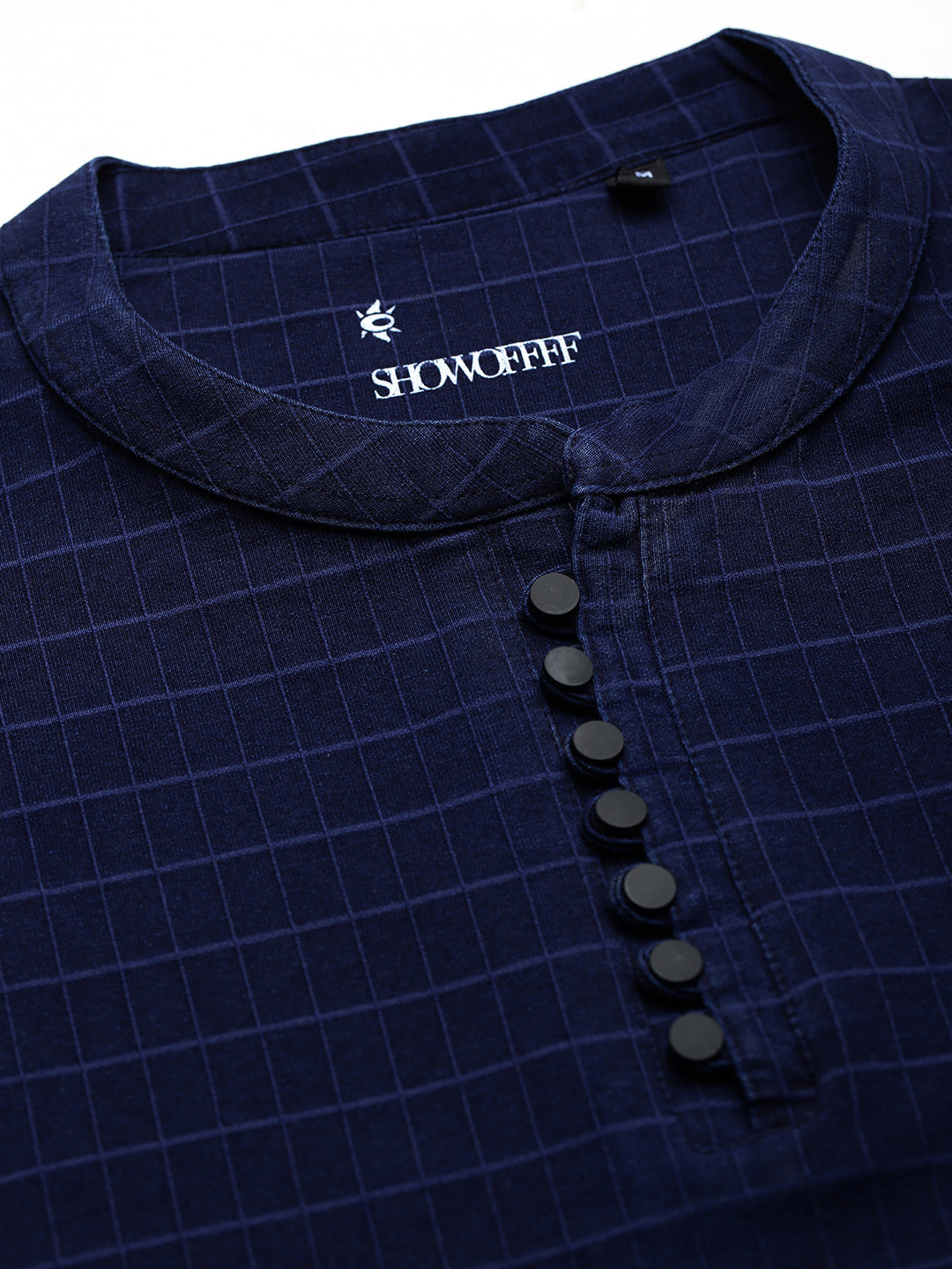 Men's Navy Blue Checked Henley Collar T-Shirt