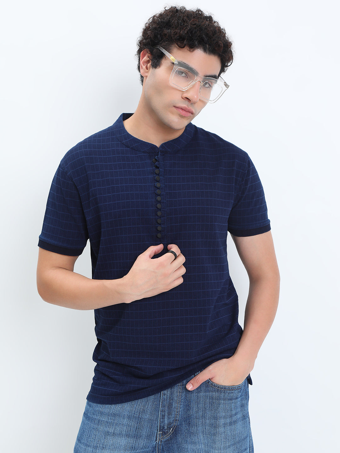 Men's Checked Navy Blue Henley Collar Regular Fit T-Shirt