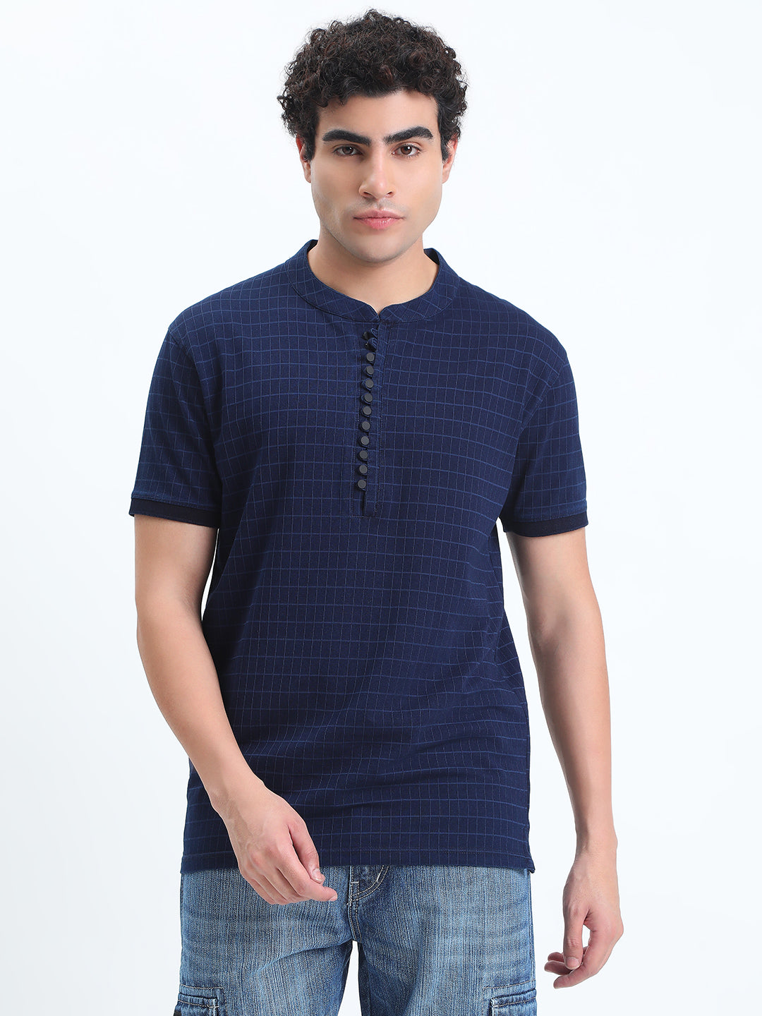Men's Checked Navy Blue Henley Collar Regular Fit T-Shirt