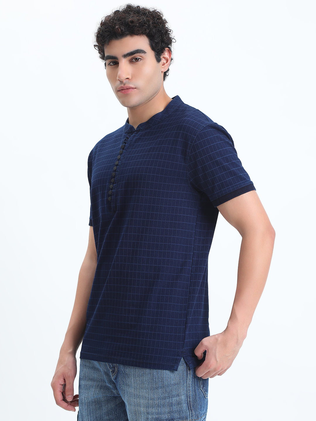 Men's Checked Navy Blue Henley Collar Regular Fit T-Shirt