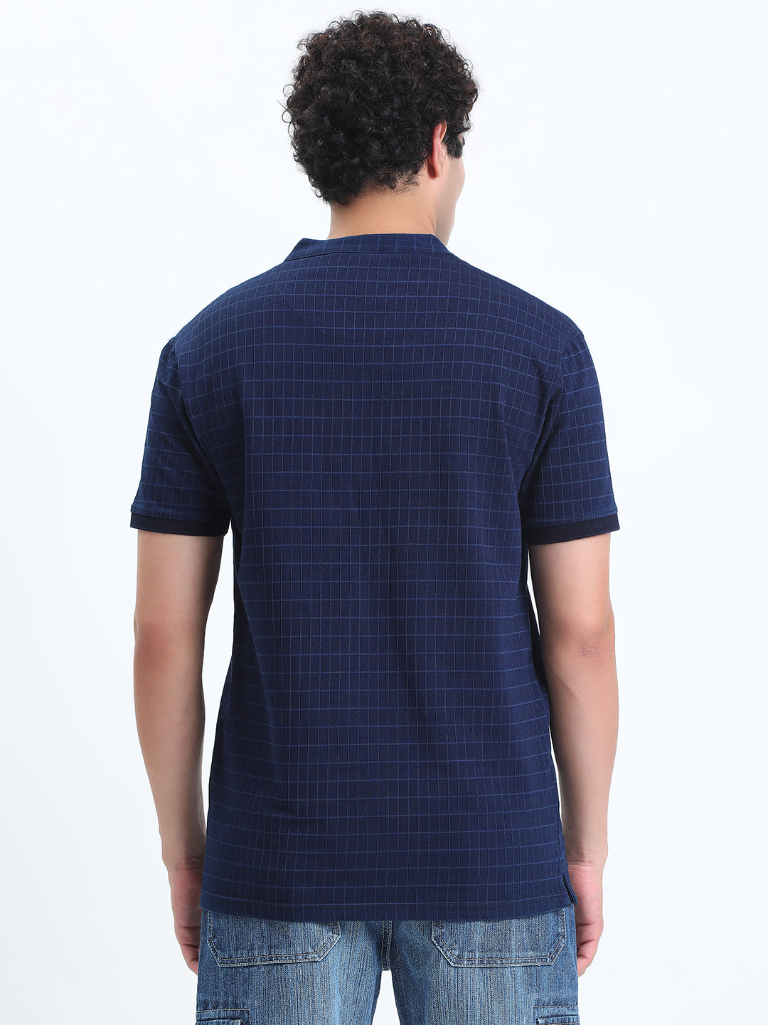 Men's Checked Navy Blue Henley Collar Regular Fit T-Shirt