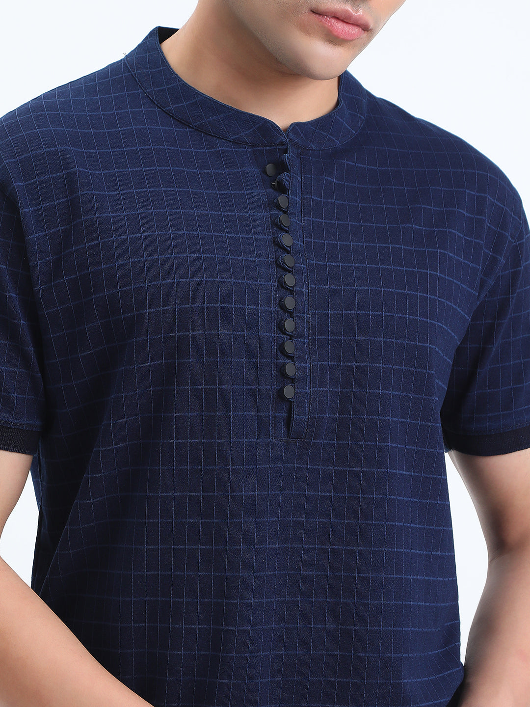 Men's Checked Navy Blue Henley Collar Regular Fit T-Shirt