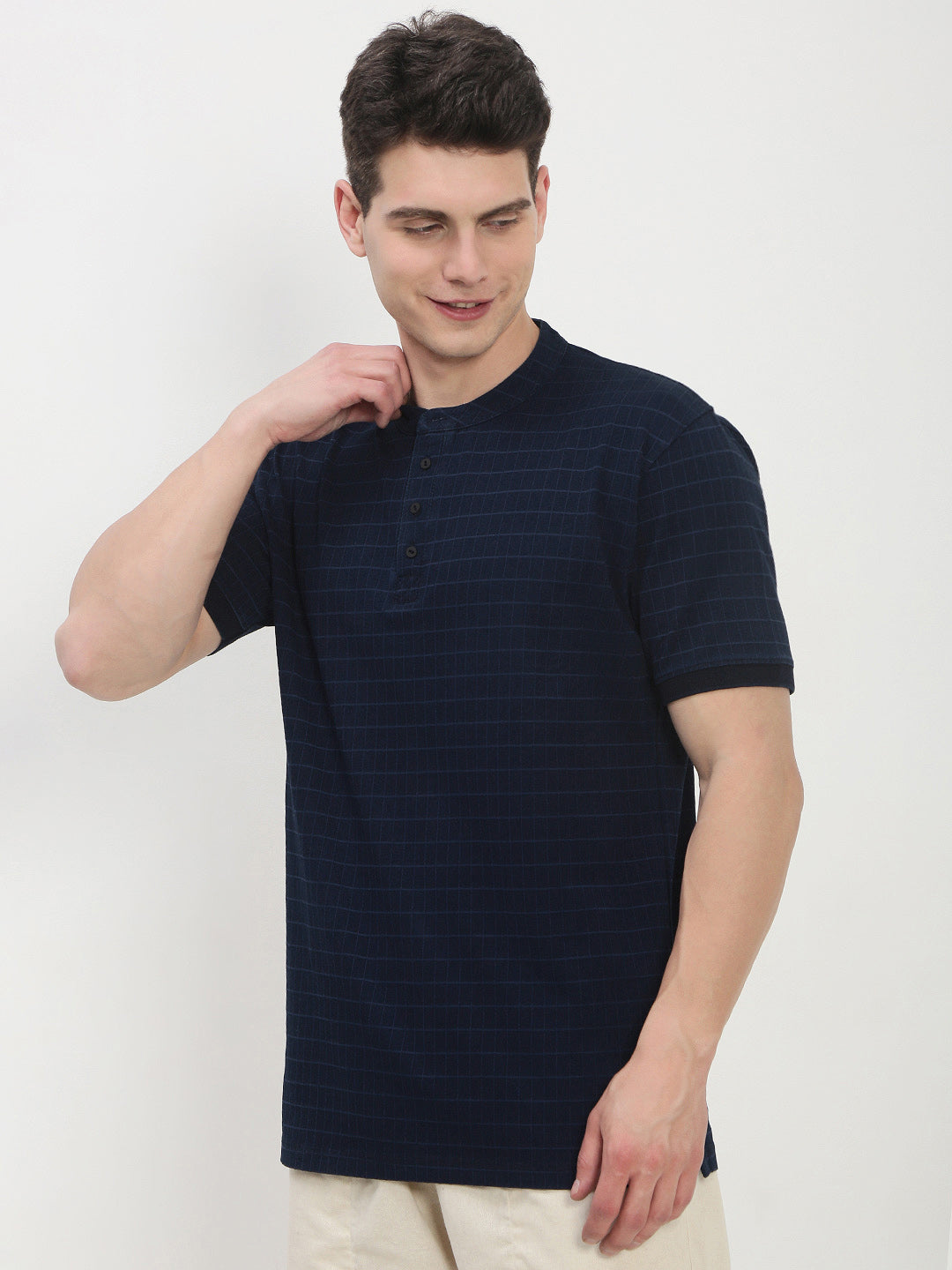 Men's Navy Blue Checked Henley Collar T-Shirt