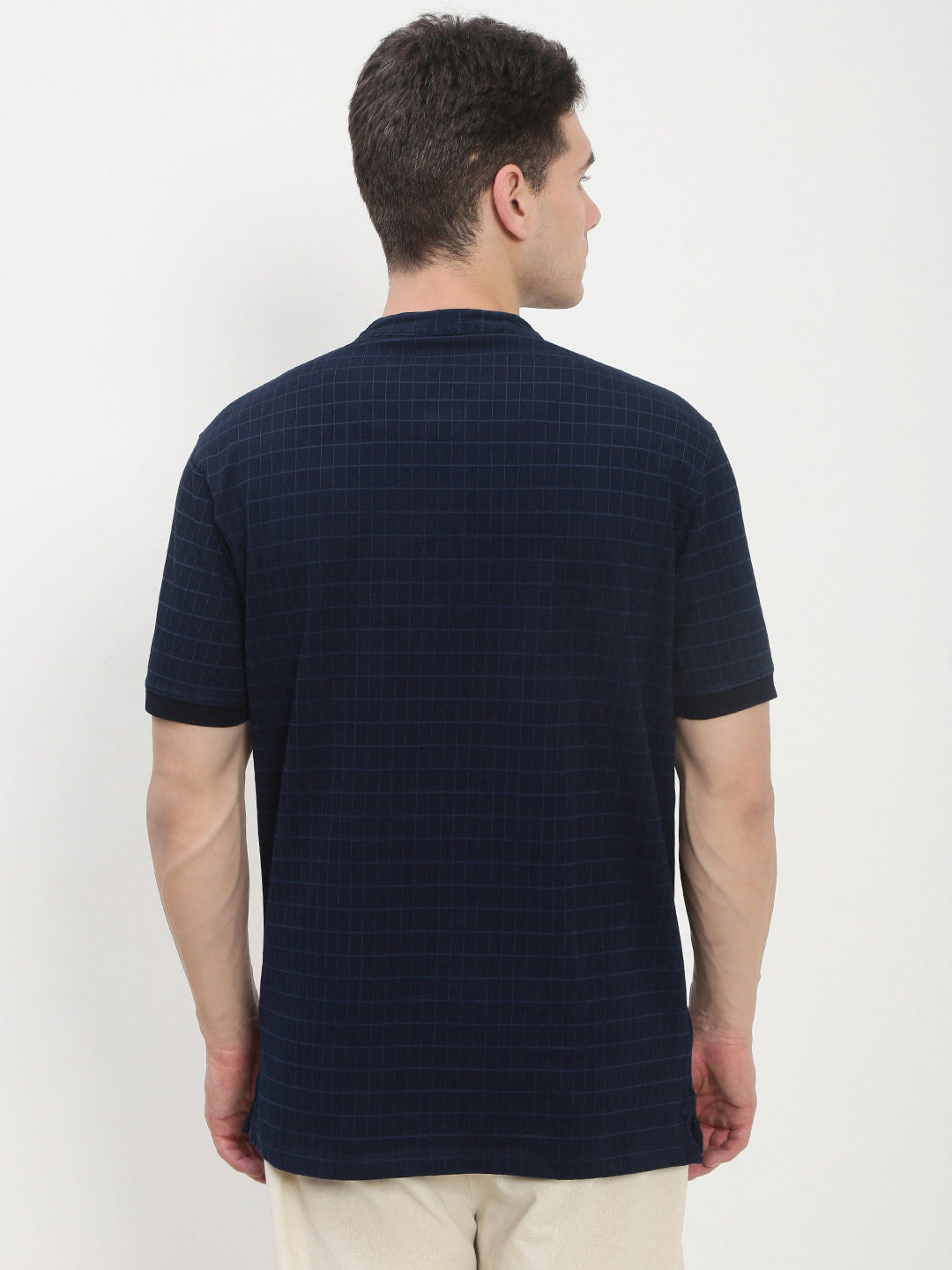 Men's Navy Blue Checked Henley Collar T-Shirt