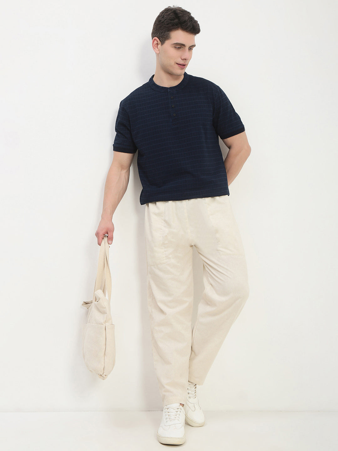 Men's Navy Blue Checked Henley Collar T-Shirt