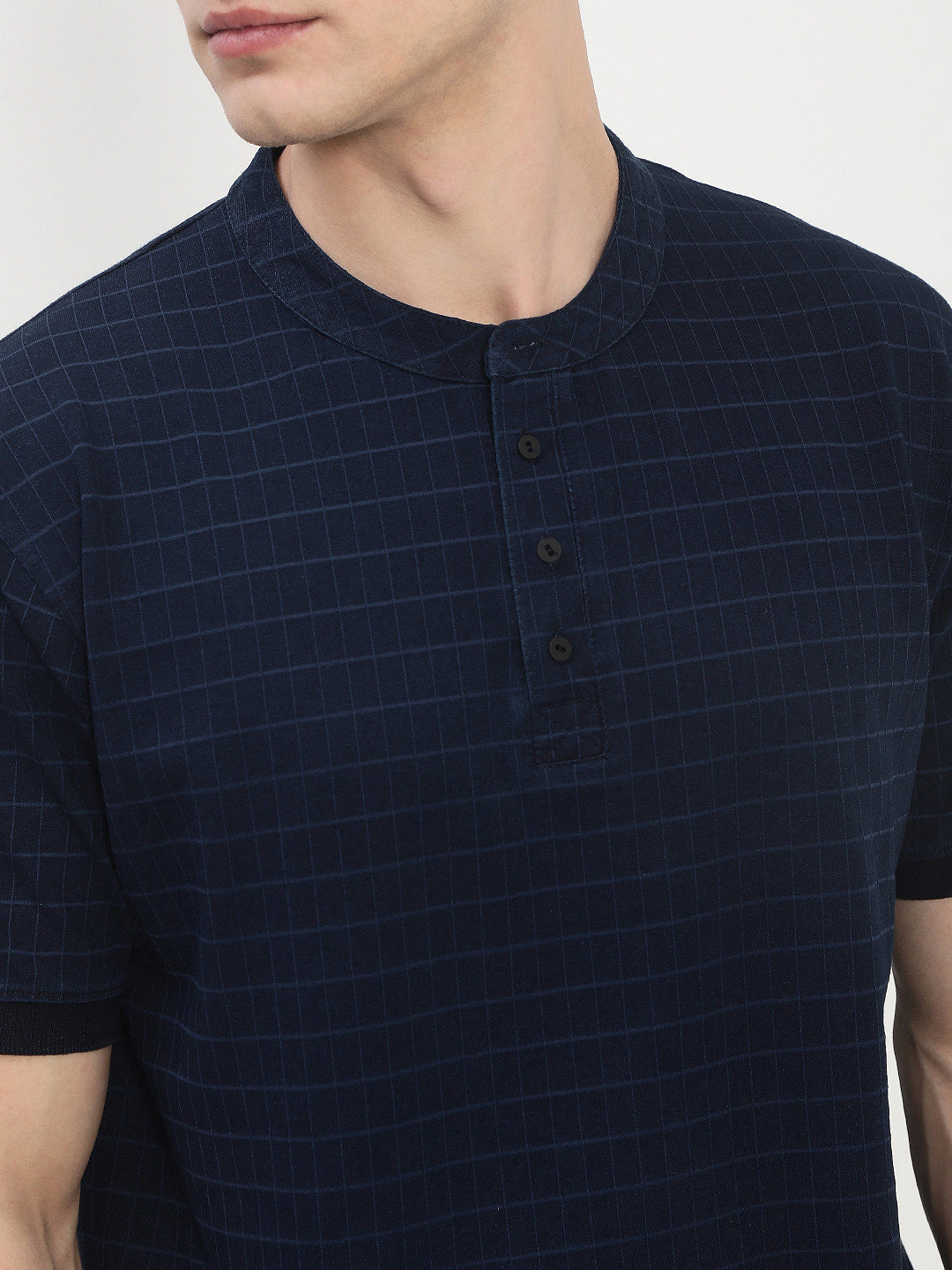 Men's Navy Blue Checked Henley Collar T-Shirt