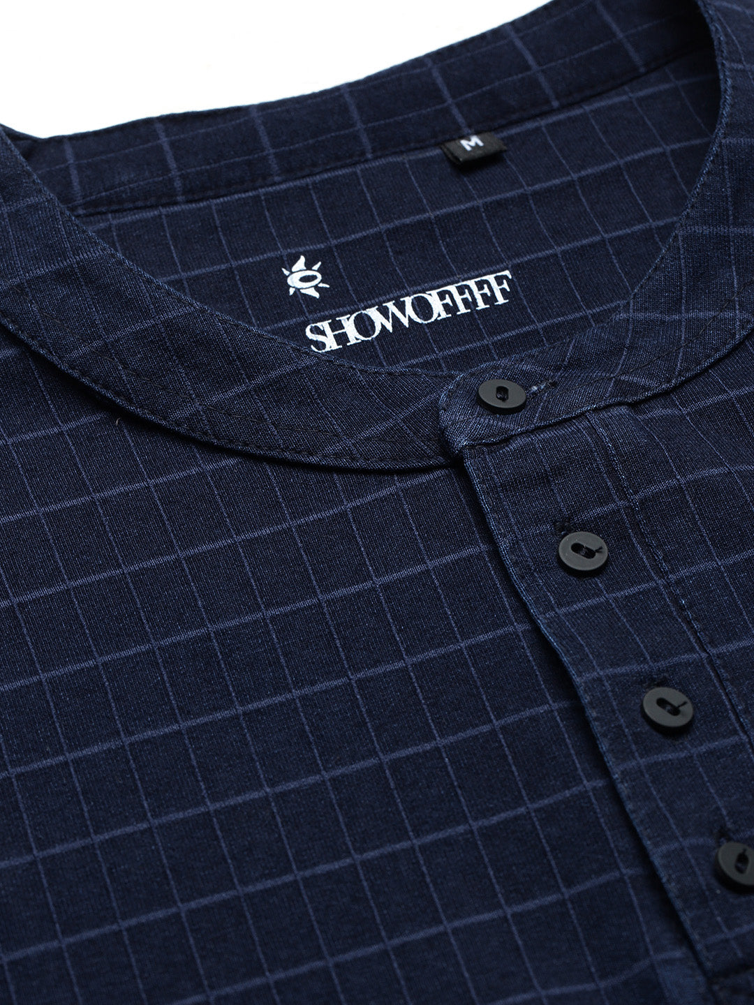 Men's Navy Blue Checked Henley Collar T-Shirt